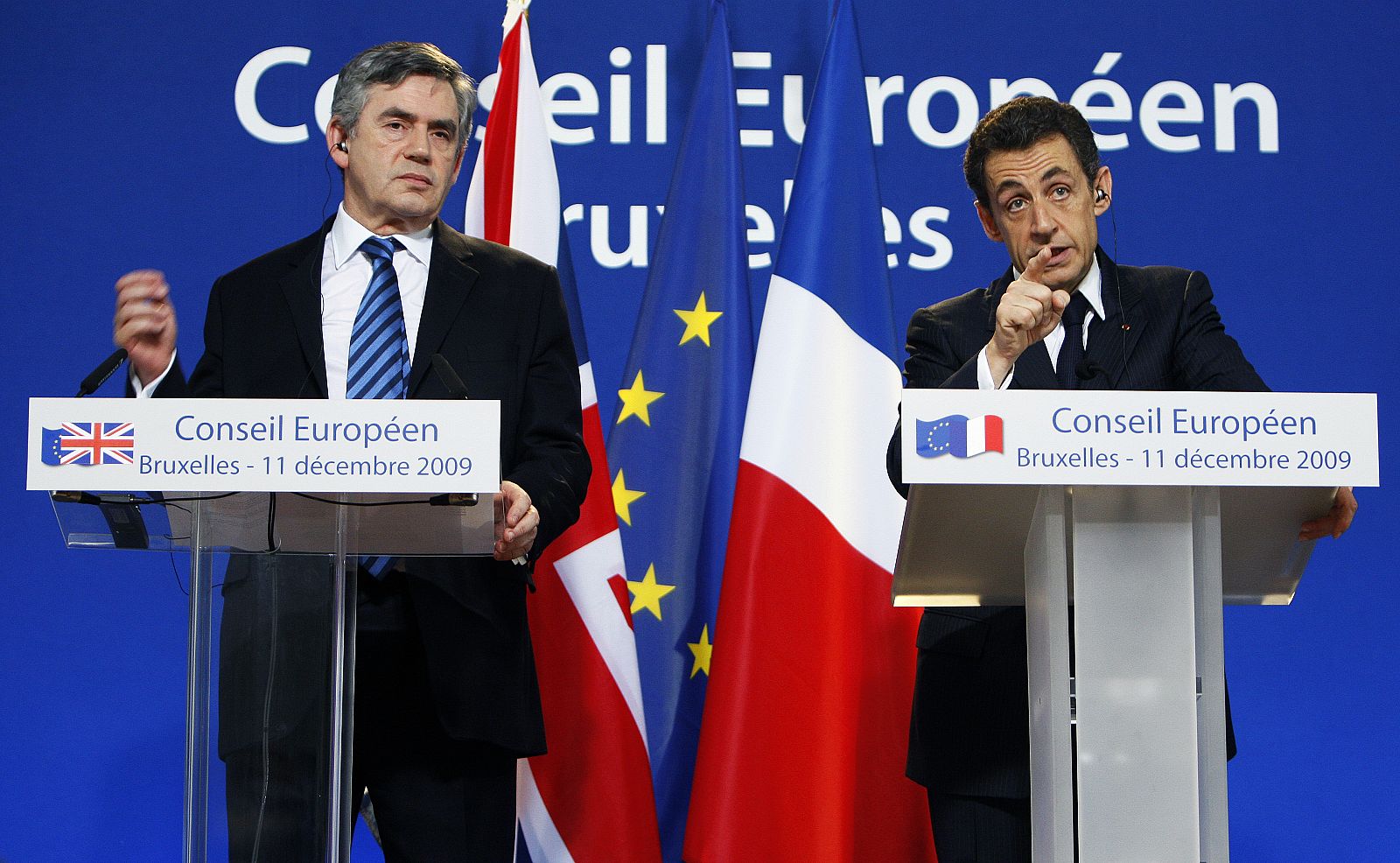 British Prime Minister Brown and French President Sarkozy address a joint news conference during a EU leaders summit in Brussels