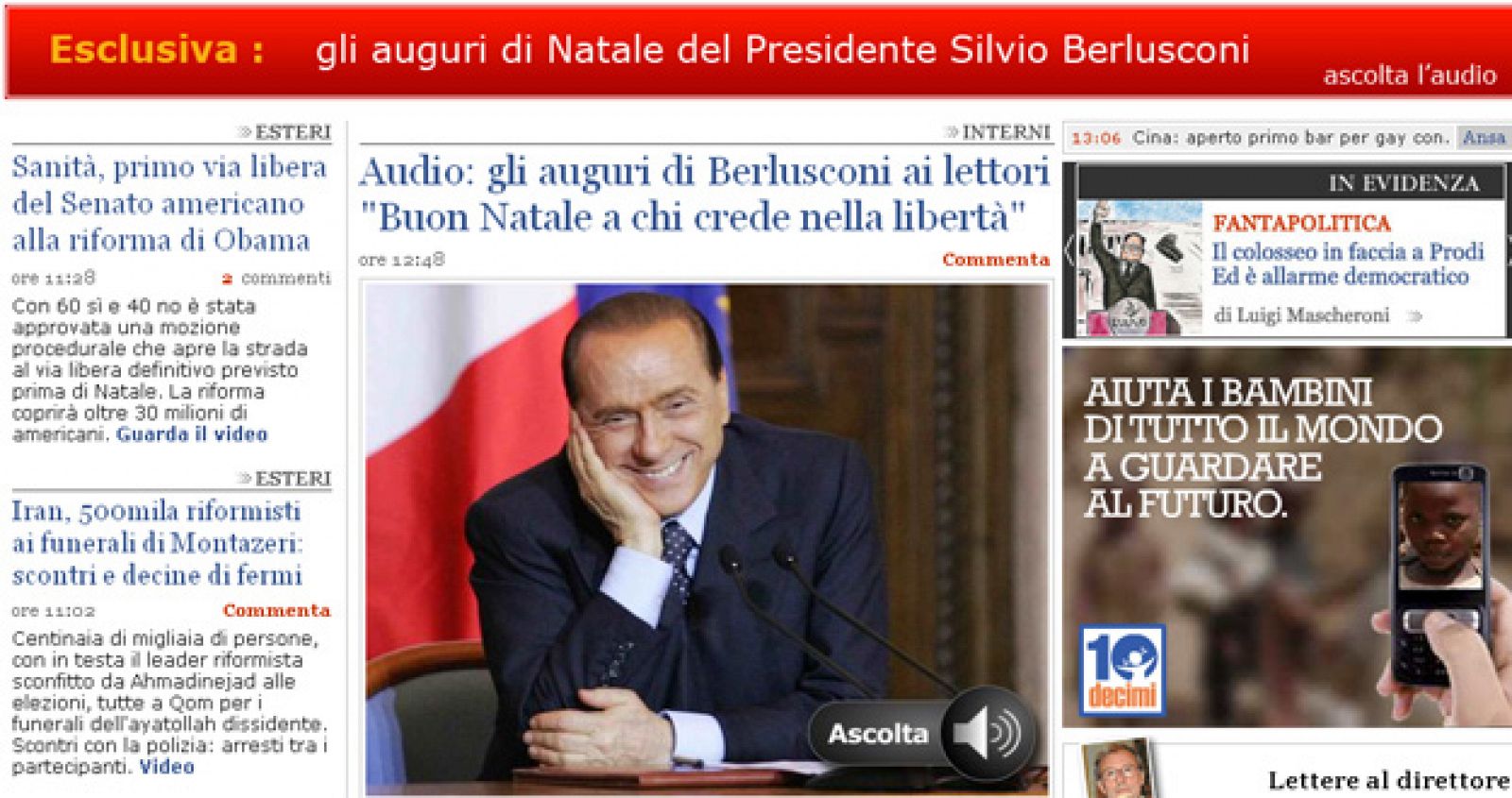 Imagen de la web de 'Il Giornale', donde aparece la felicitación de Berlusconi.