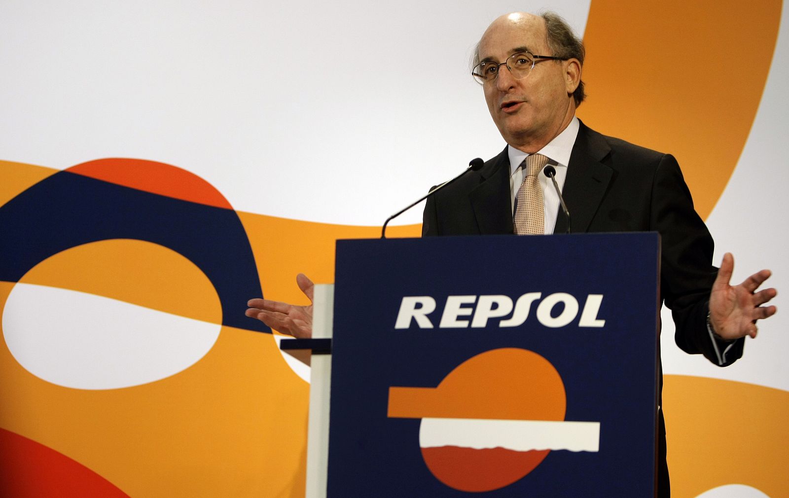 Antonio Brufau, chairman of Spanish energy company Repsol YPF, gestures during a ceremony to launch its annual "Guia Repsol" tourist guide in Madrid
