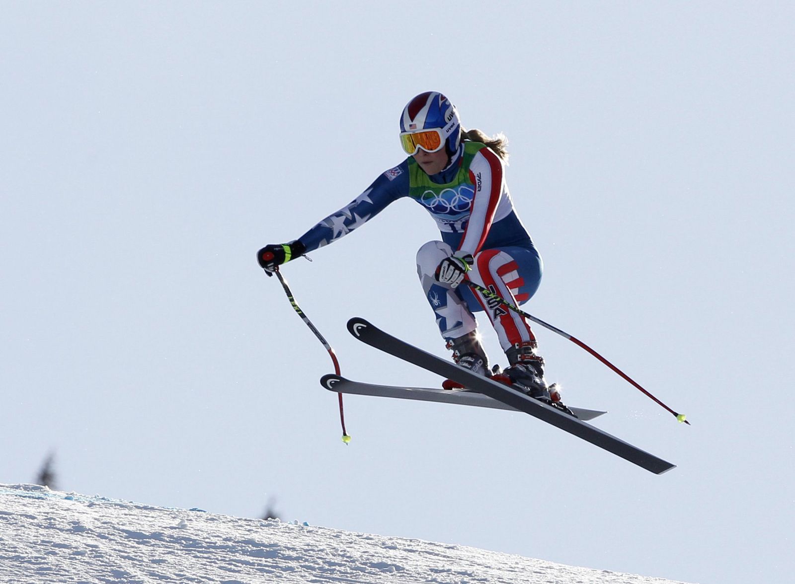 Vonn of the U.S. goes airborne during the women's Alpine Skiing Downhill race at the Vancouver 2010 Winter Olympics in Whistler