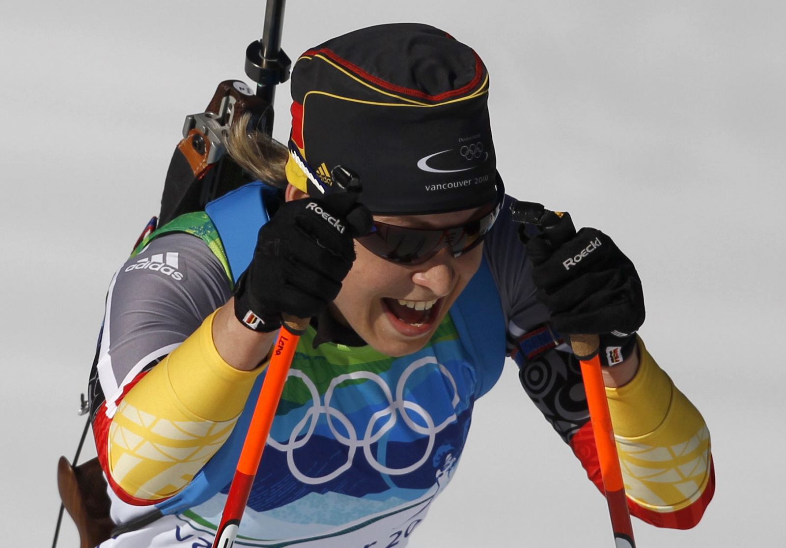 Germany's Neuner skis during women's 12.5 km mass start biathlon final at the Vancouver 2010 Winter Olympics in Whistler