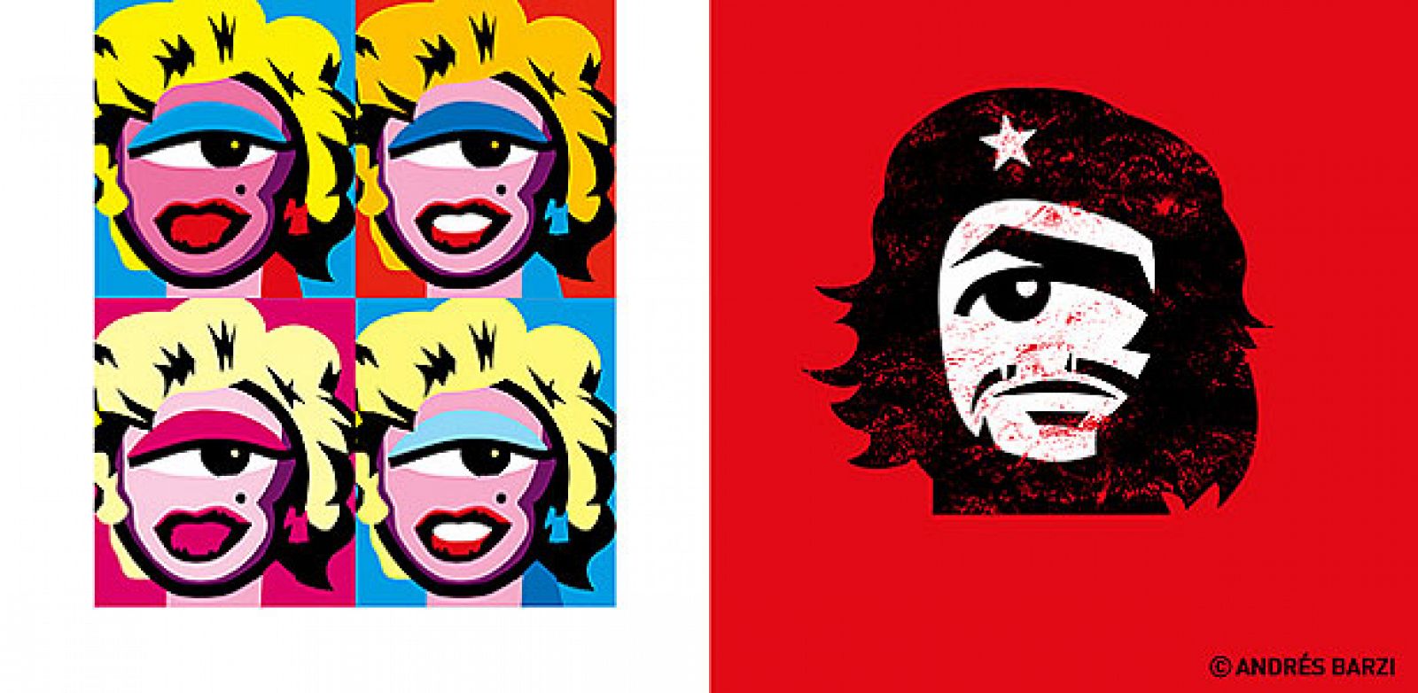 Caricaturas de Andres Barzi de dos iconos del siglo 20, el retrato de Marilyn de Andy Warhol y la foto del Che Guevara de Alberto Díaz