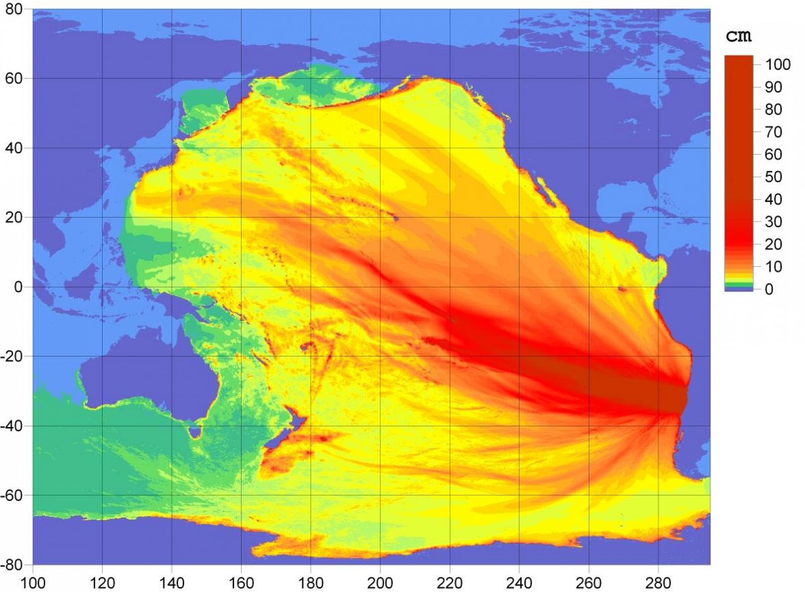 Gráfico que muestra el alcance del tsunami provocado por el terremoto de 8,8 en Chile, que liberó una energía equivalente a más de 300 bombas H de alta potencia.
