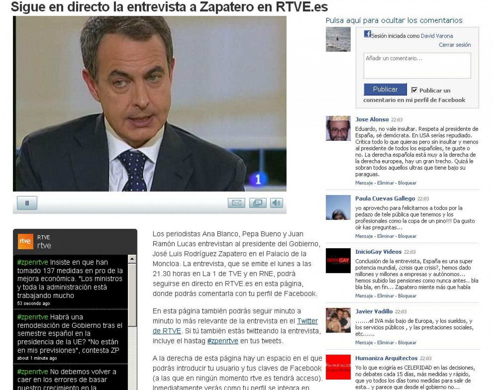 Página de RTVE.es donde se podía seguir la entrevista con los comentarios de Facebook y Twitter.