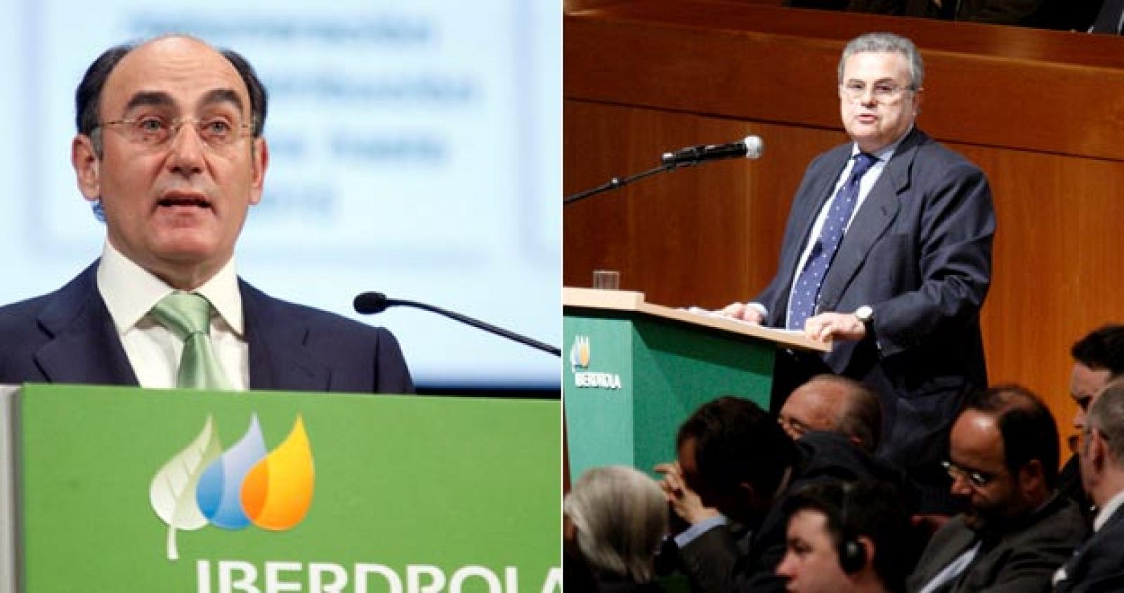 El presidente de Iberdrola, Igancio Sánchez Galán, y el consejero de ACS, José Luis Del Valle, durante sus respectivas intervenciones en la Junta de accionistas de Iberdrola.