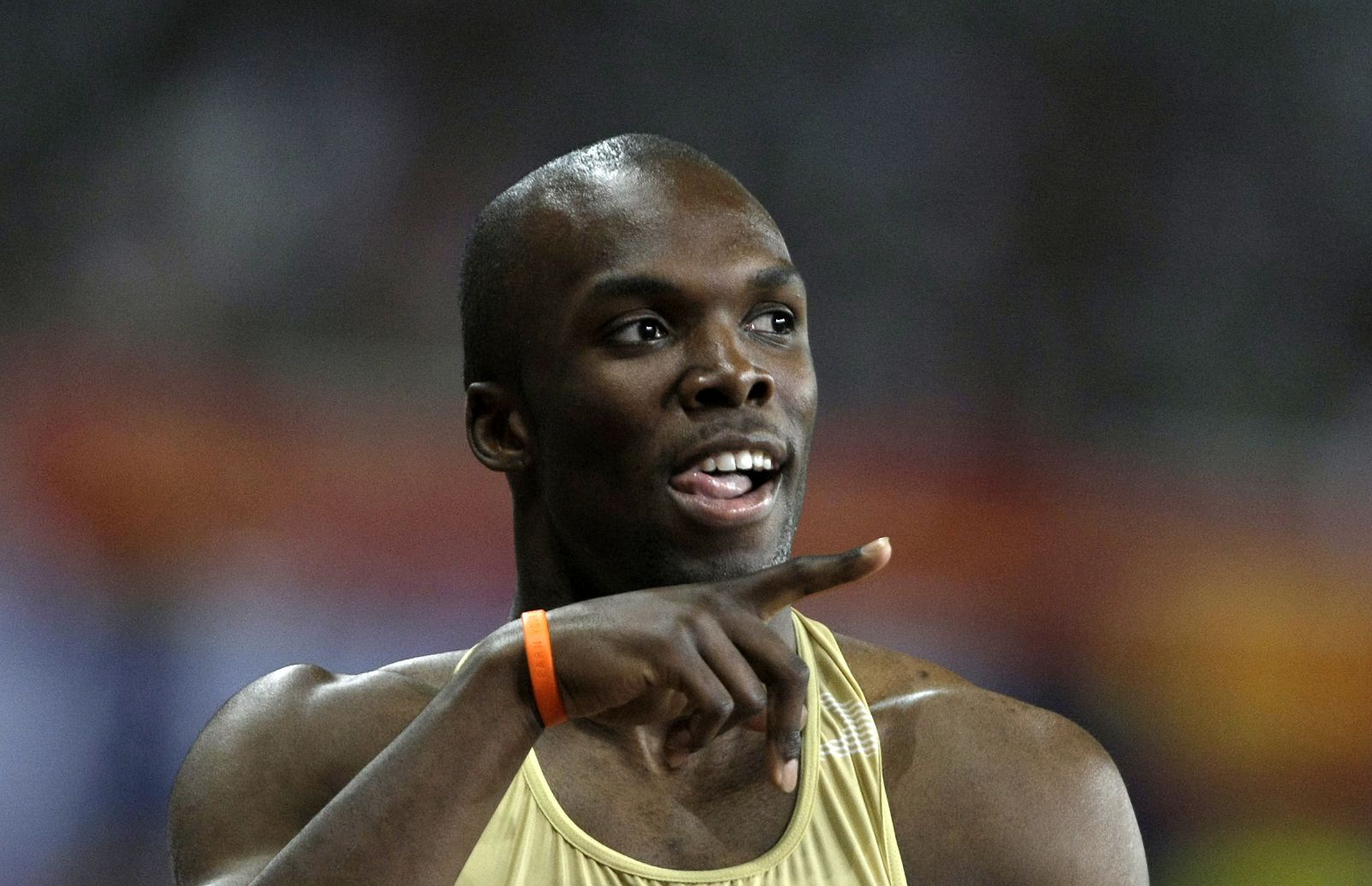 LaShawn Merritt of the U.S. gestures after the men's 400m at the Shanghai Golden Grand Prix