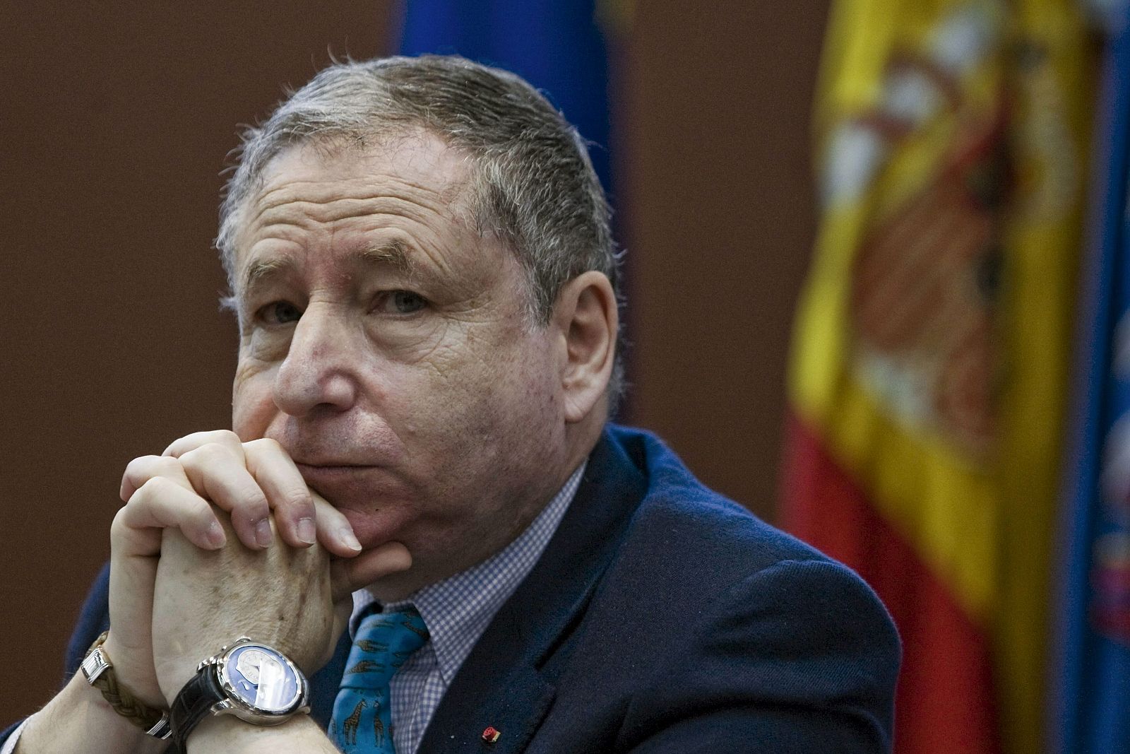 El presidente de la Federación Internacional del Automóvil (FIA), Jean Todt, durante la conferencia de prensa que ha ofrecido en Madrid.