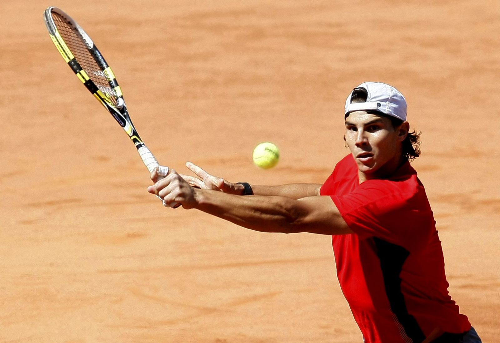 El tenista Rafa Nadal, durante un entrenamiento en la Caja Mágica.