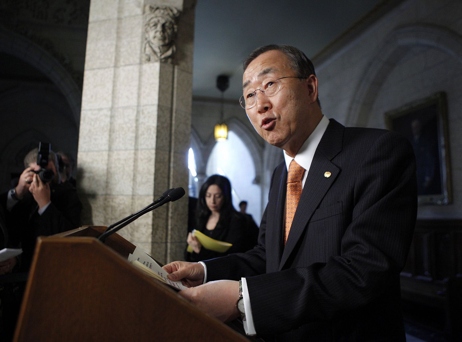 United Nations Secretary-General Ban Ki-moon speaks during a news conference on Parliament Hill in Ottawa