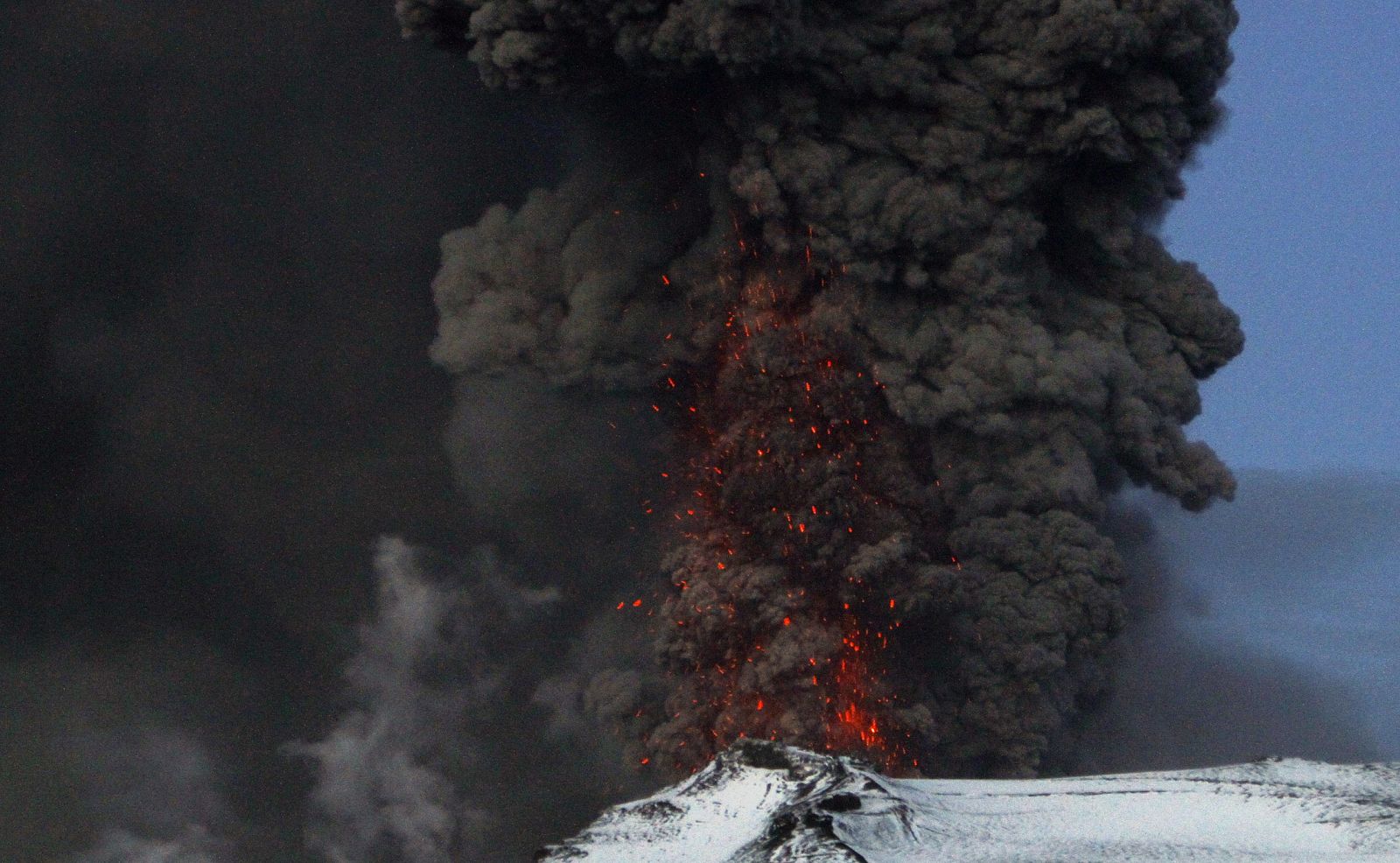 A fresh cloud of ash and lava eruptions are seen in the volcano under the Eyjafjallajokull glacier in Iceland
