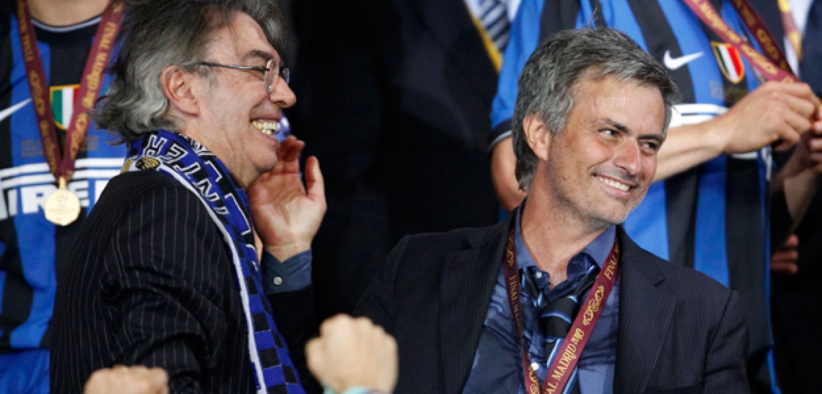 Moratti junto con Mourinho tras ganar la Champions League en el Bernabéu.
