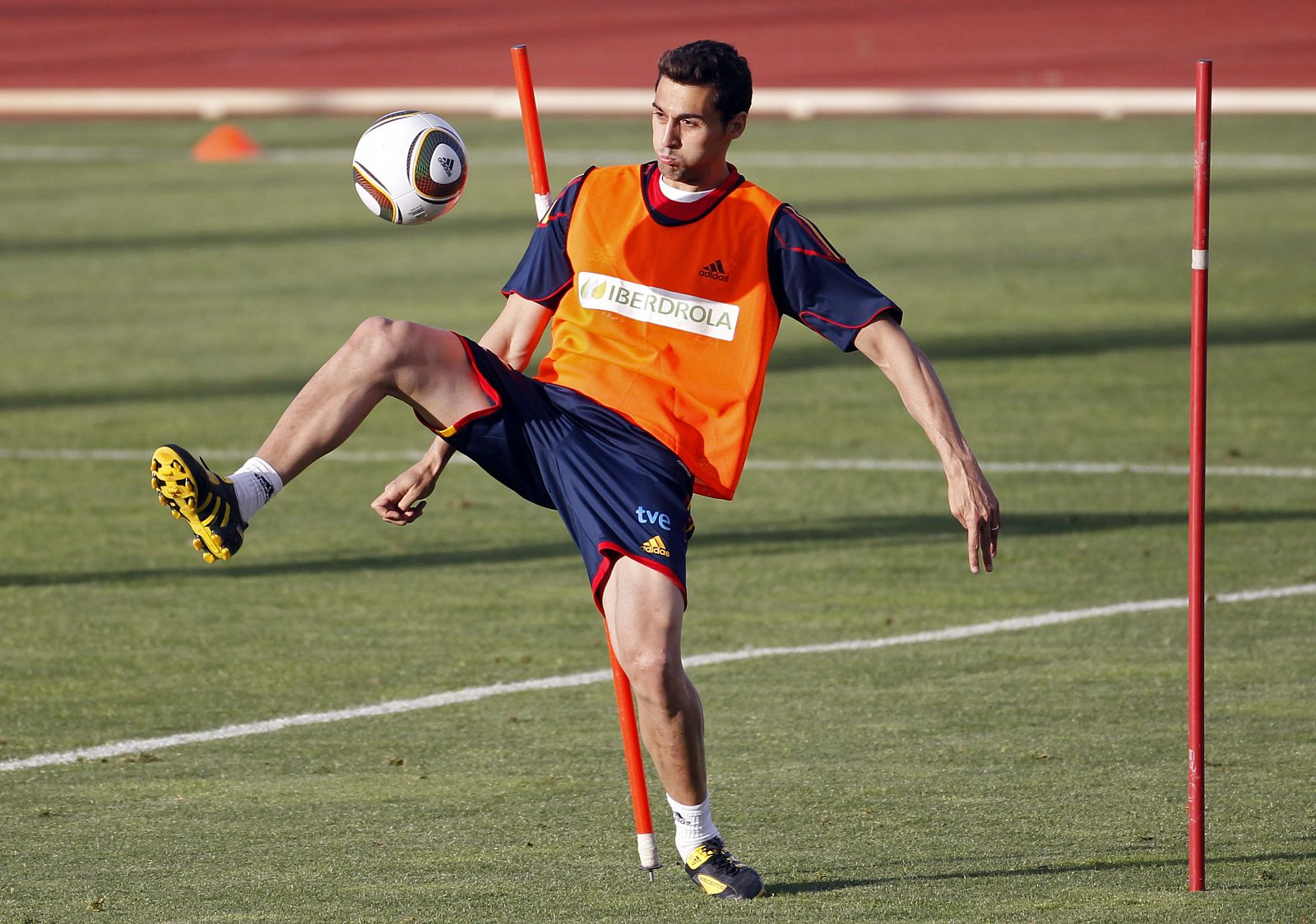 Spain's Alvaro Arbeloa attends a training session at the Spanish Soccer Federation headquarters in Las Rozas, outside Madrid