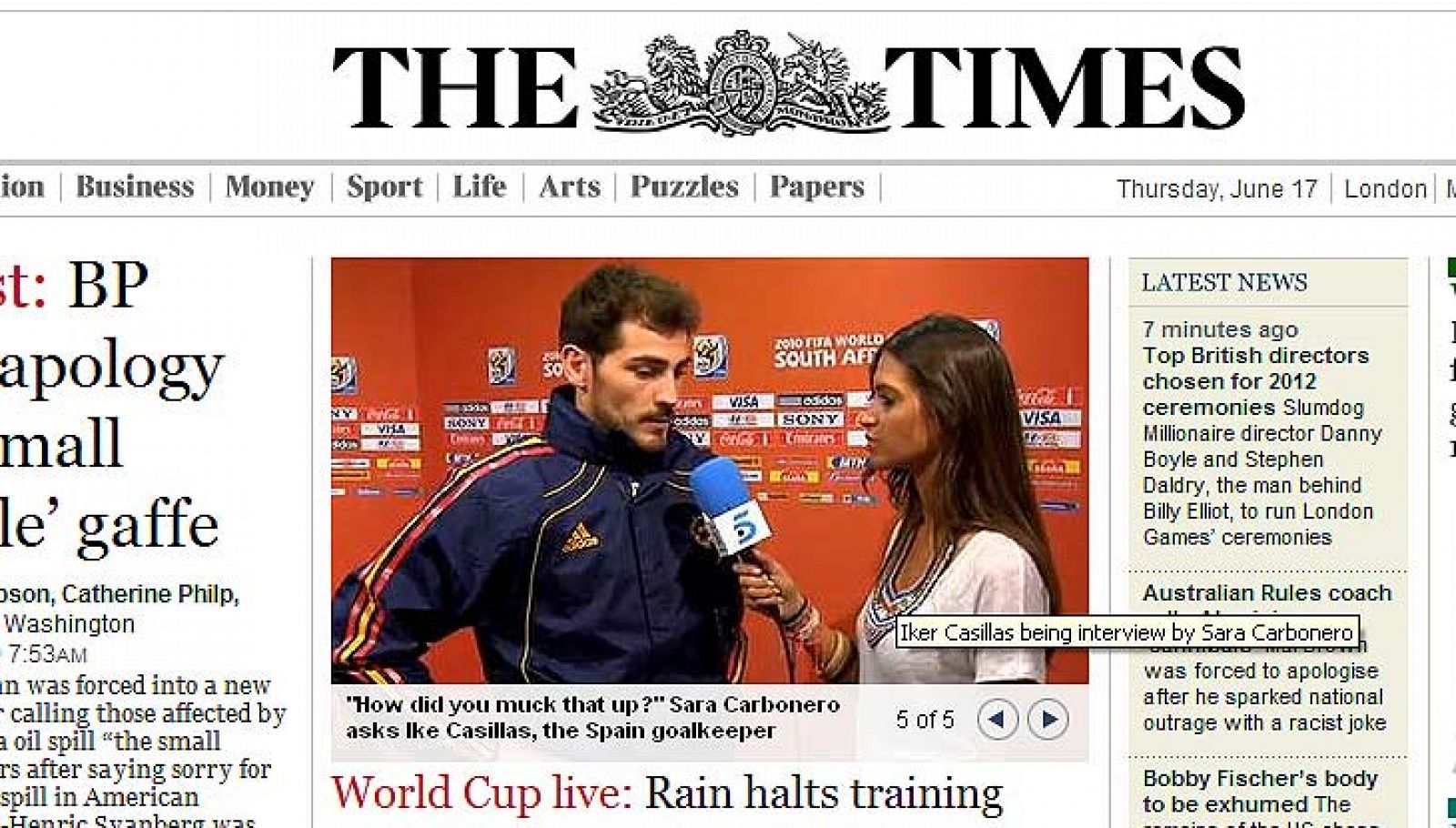 Captura de la portada del diario inglés Times que alude a la responsabilidad de Sara Carbonero en la derrota de España.