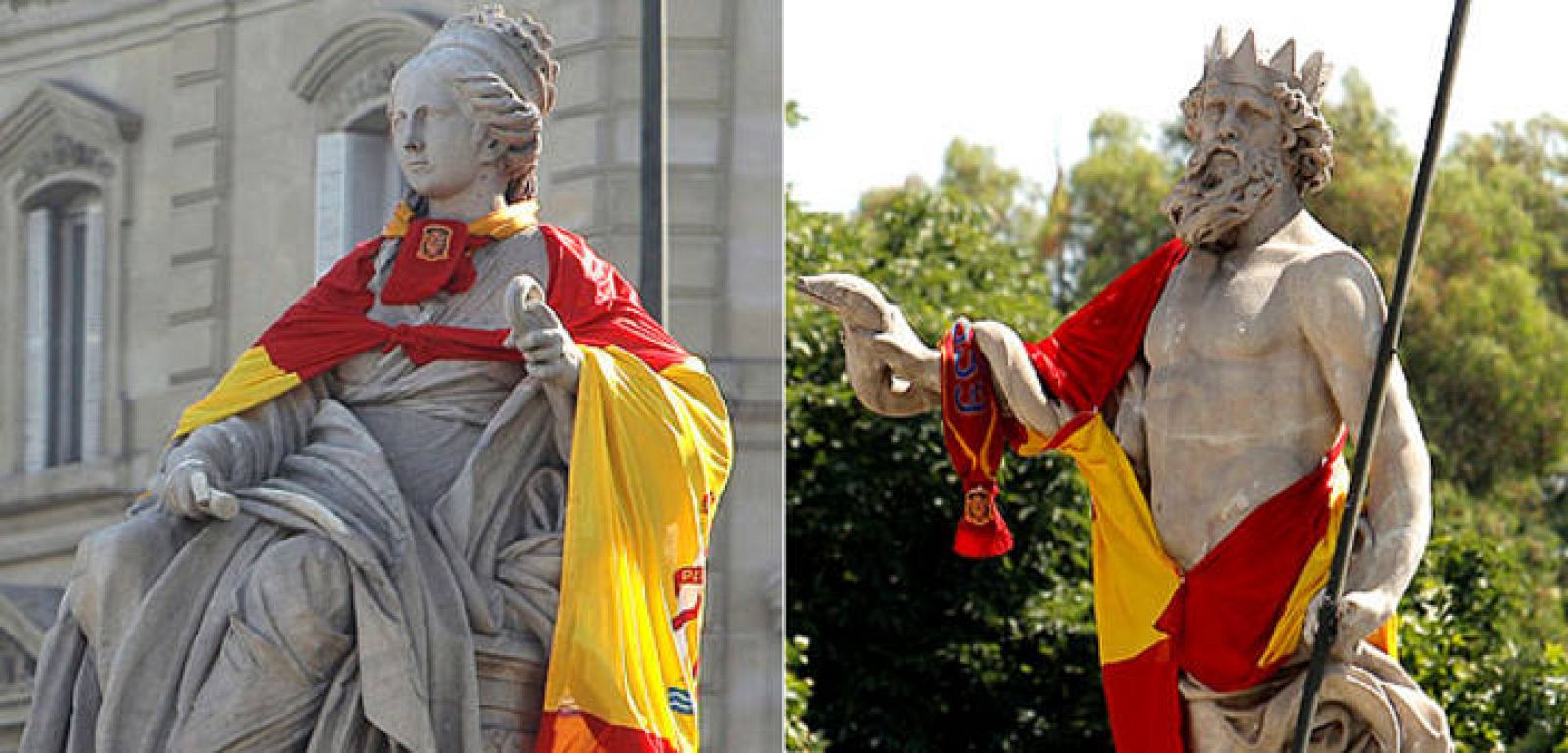  La Cibeles y Neptuno, como dos hinchas más, con los colores de España.
