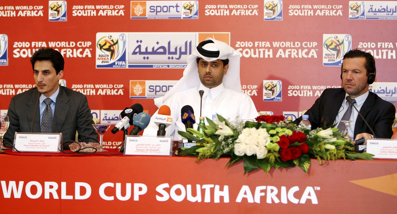 Saudi national footballer Nawaf Bander Al Temyat, Director General of Al Jazeera Sports Channel Nasser Al-Khulaifi and former German national footballer Lothar Matthaus attend the Al Jazeera Sports news conference in Doha