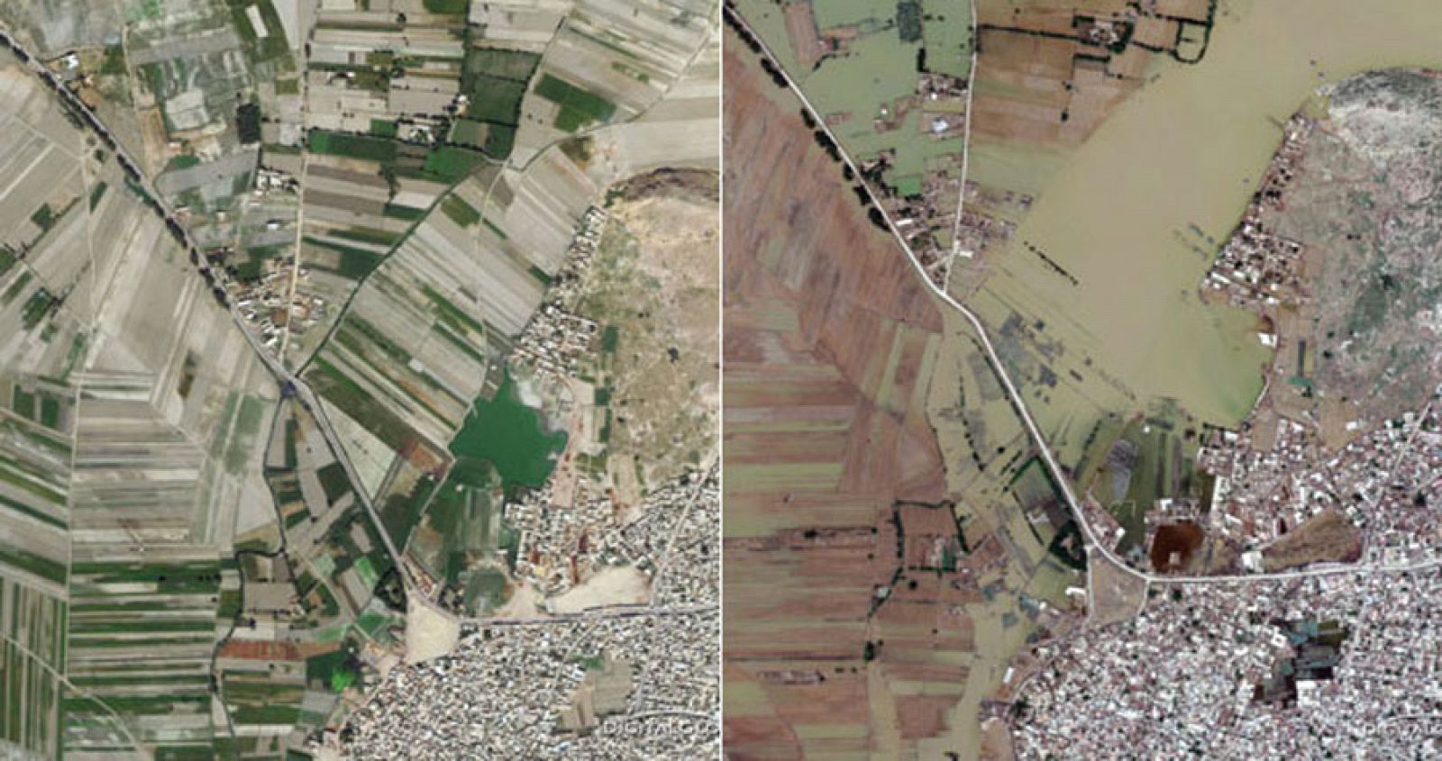 Imagen aérea de la zona de Nowshera que muestra el antes y el despúes de la zona. Según las autoridades paquistaníes, las inundaciones han destruído más de 700.000 viviendas. (Foto satélite cortesía de GeoEye)