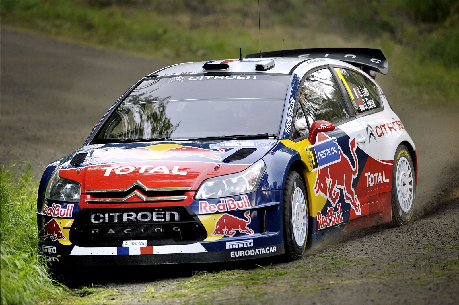 Reigning world champion Sebastien Loeb of France takes a corner with his Citroen C4 during the shakedown of Rally Finland 2010 in the eighth round of the FIA WRC World Rally Championship in Jyvaskyla