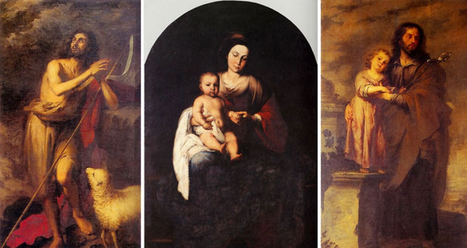 Obras de Murillo expuestas en el Museo de Bellas Artes de Sevilla.1) Bartolomé Esteban Murillo San Juan Bautista. 2) Virgen con Niño. 3) San José y el Niño.