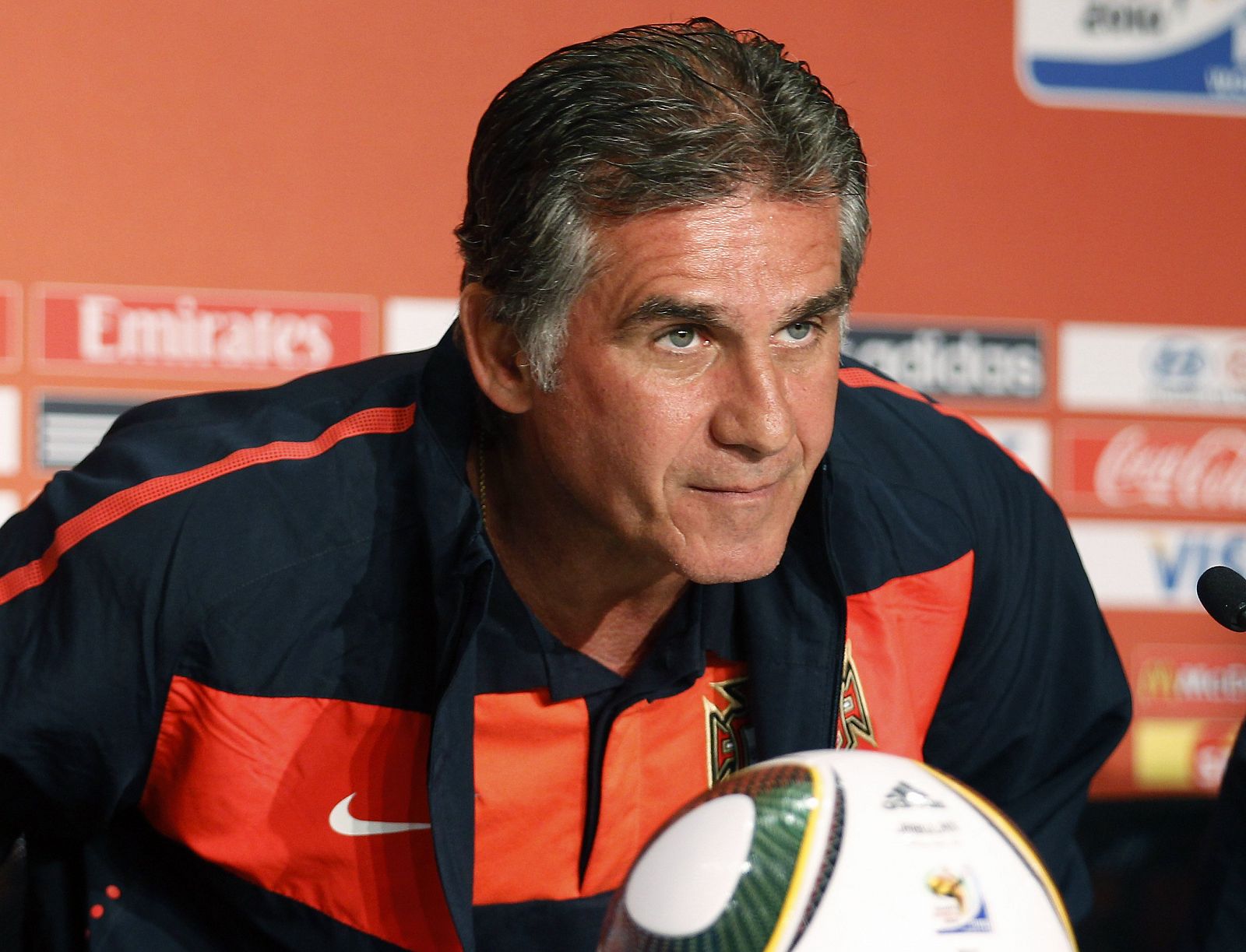 Coach Carlos Queiroz of Portugal arrives for a news conference in Durban