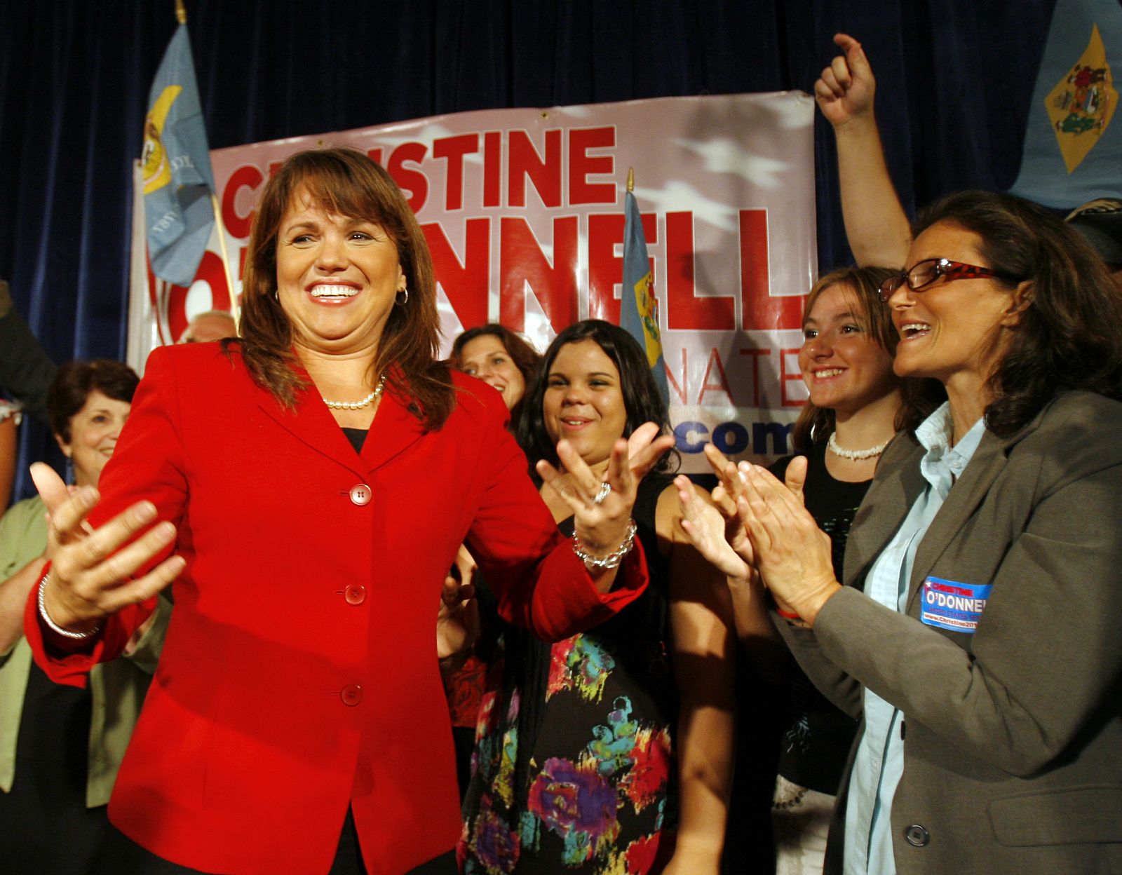 Delaware Republican senatorial candidate Christine O'Donnell celebrates her win in the Republican primary at her campaign victory event in Dover