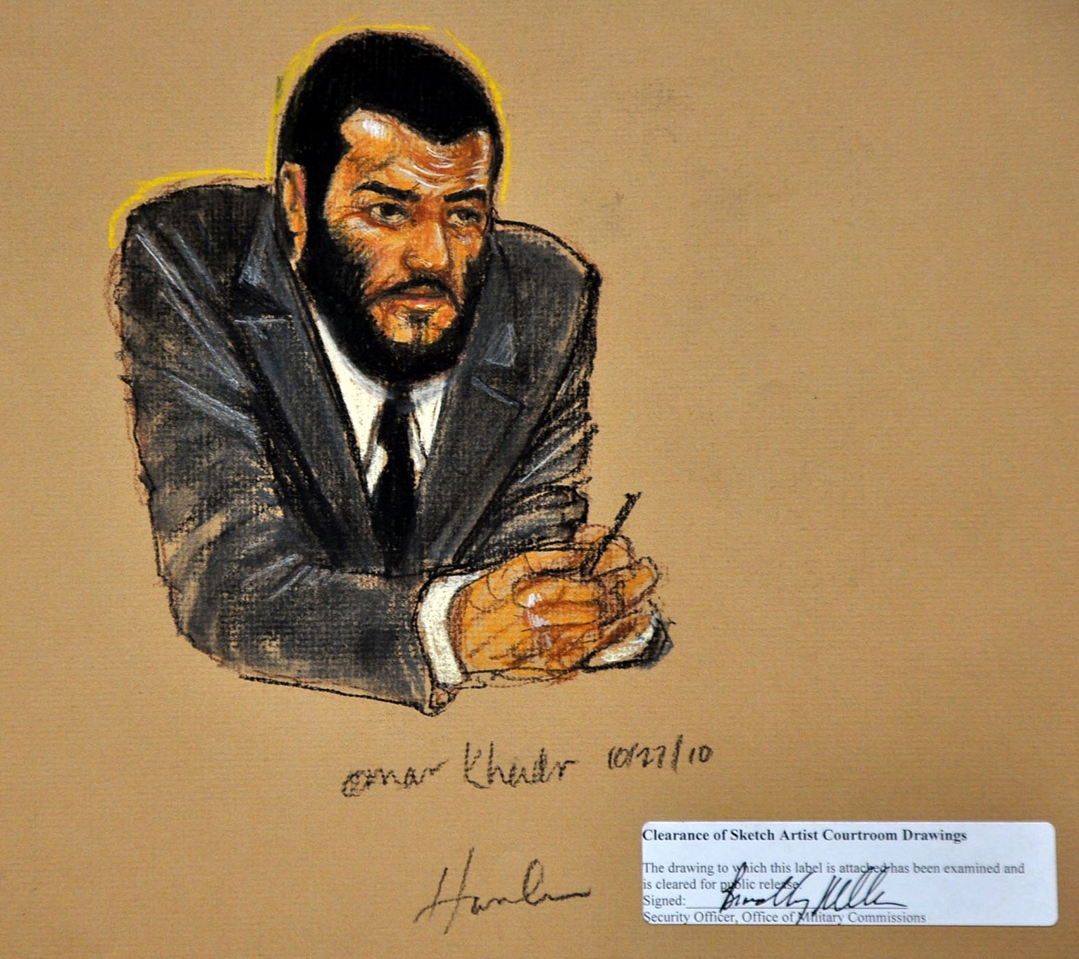 Omar Khadr, en un dibujo durante el juicio celebrado en Guantánamo