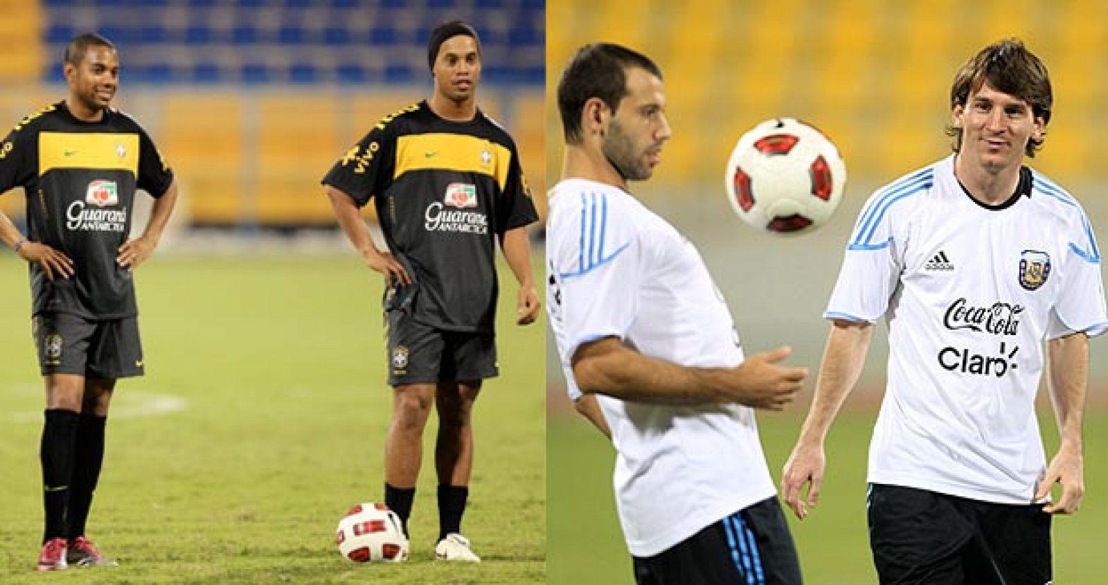 Robinho y Ronaldinho se enfrentan a Mascherano y Messi en el encuentro Brasil-Argentina.