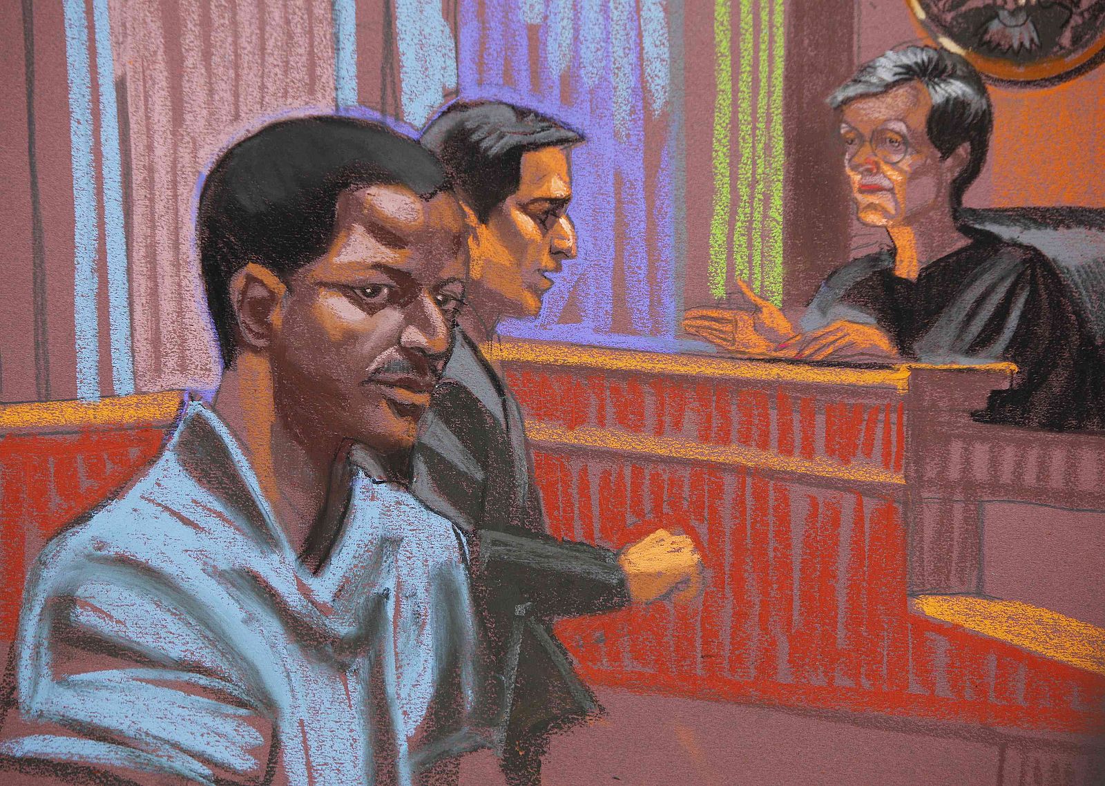 File drawing of Ahmed Ghailani, accused of involvement in the bombing of U.S. embassies in Africa, is depicted in this courtroom sketch of his arraignment, in New York