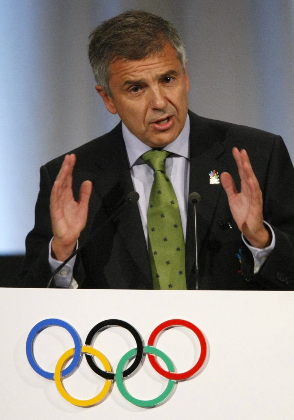 Spain's Juan Antonio Samaranch Jr, presents the city of Madrid's candidature for the 2016 Olympic Games to IOC members in Copenhagen