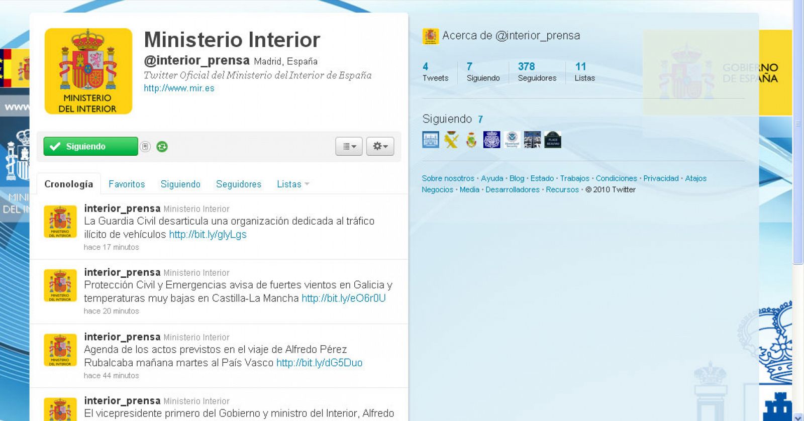 Twitter oficial del Ministerio del Interior