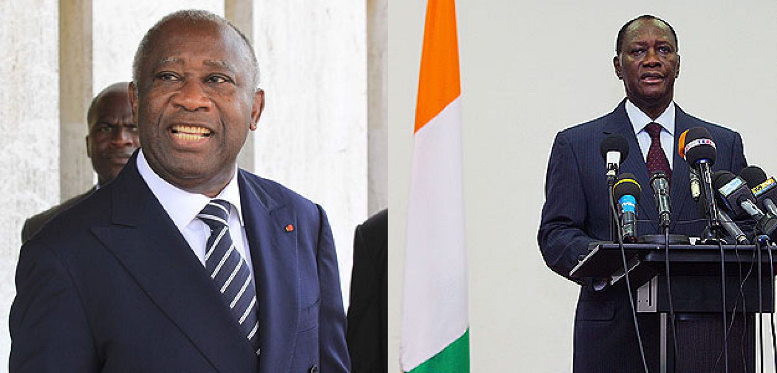 El presidente de Costa de Marfil, Laurent Gbagbo (dcha), no reconoce la victoria de su rival, Alassane Ouattara (izq),  en las últimas elecciones.
