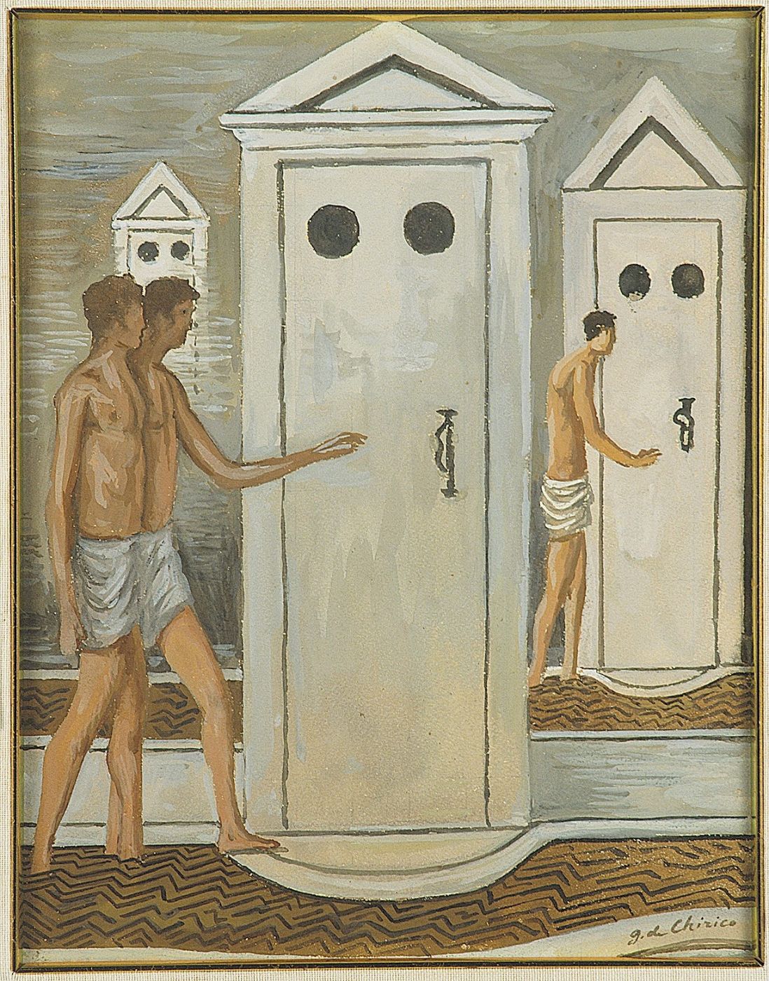 Cuadro "Les Bains Miysterieux" del artista italiano Giorgio di Chirico, perteneciente a la colección de Alberto Della Ragione expuesta en la galería londinense Estorick.