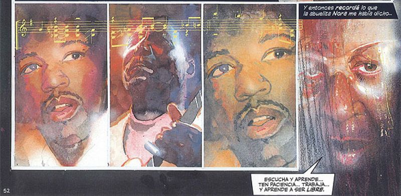 Viñetas de 'Voodo Child. La leyenda de Jimi Hendrix', de Martin I. Green y Bill Sienkiewicz