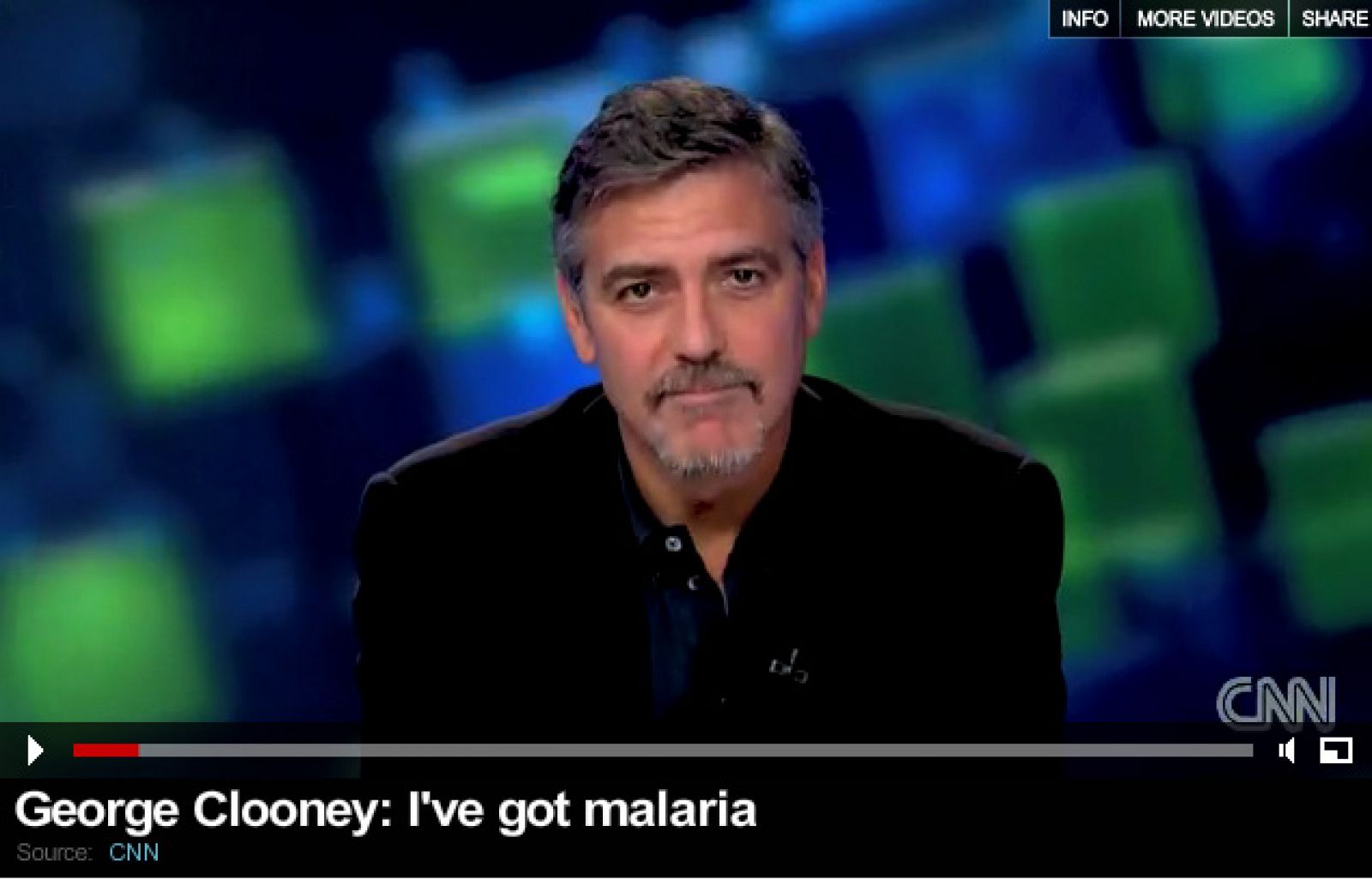 El actor George Clooney en un momento de su entrevista con la CNN, en la que confesó que contrajo malaria en Sudán.