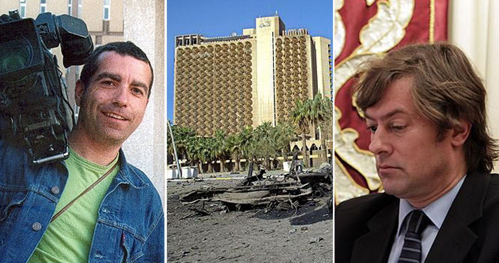 De izquierda a derecha, José Couso, el Hotel Palestina de Bagdad, donde murió el cámara de televisión, y el juez Santiago Pedraz, empeñado en aclarar los hechos del 8 de abril de 2003.