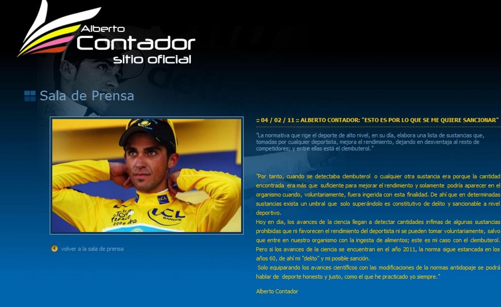 Captura de la nota de prensa colgada en la web oficial de Alberto Contador