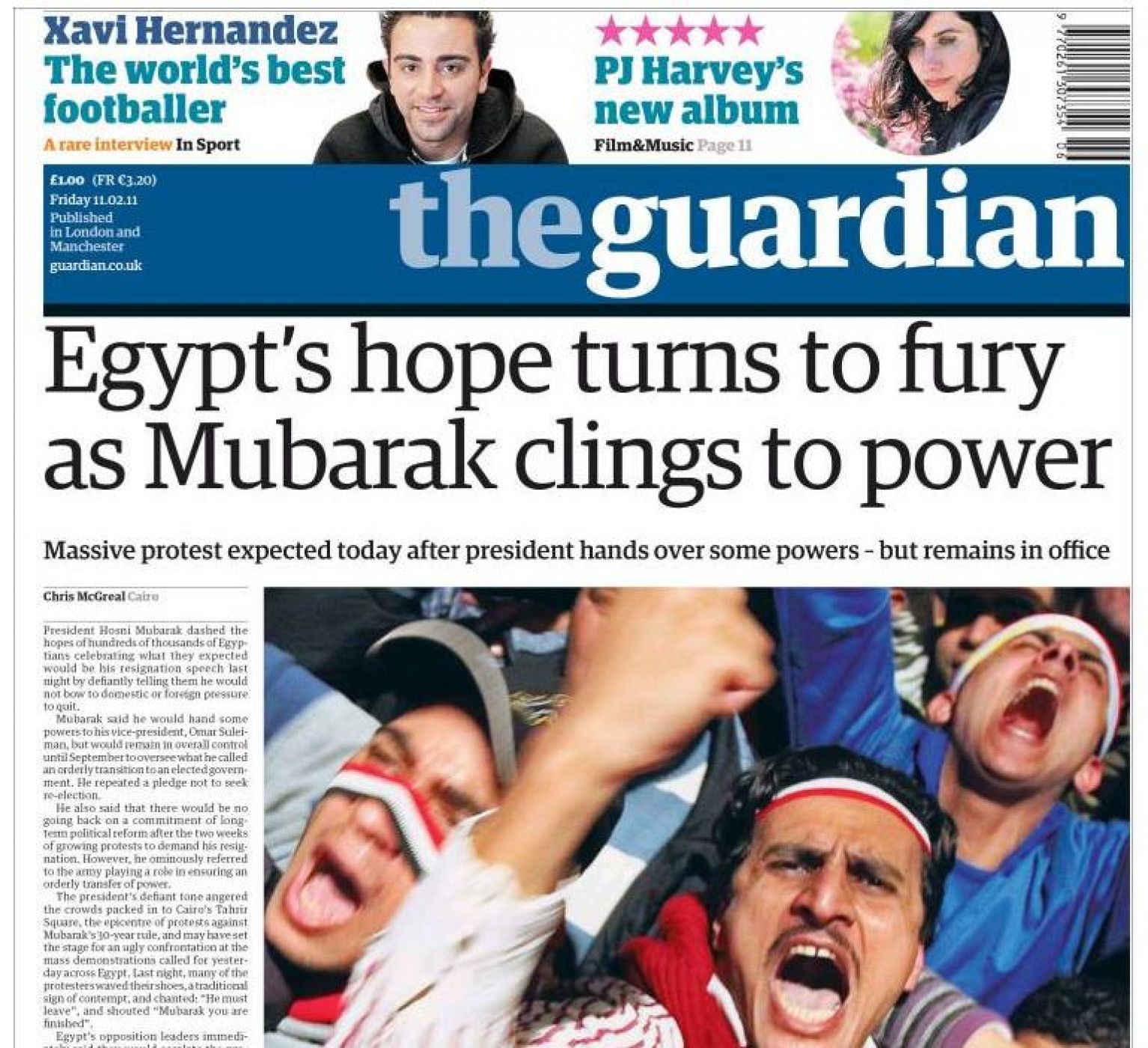The Guardian publica en su portada de este viernes 11 de febrero de 2011 una entrevista con Xavi Hernández, jugador del Barcelona y de la selección española.