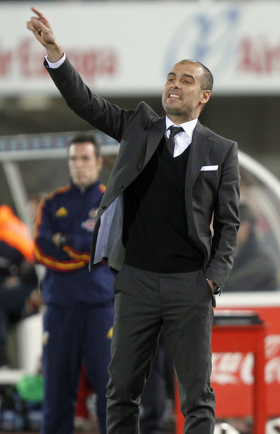 Barcelona's coach Guardiola gestures during their Spanish First Division soccer match against Mallorca at Iberostar stadium in Palma de Mallorca