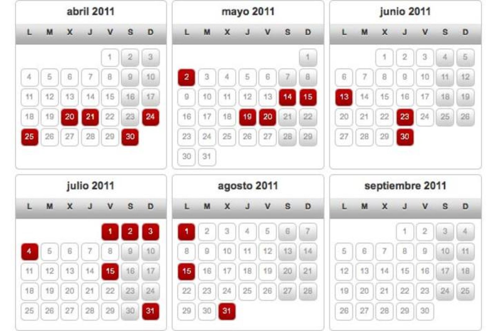 Calendario de la huelga de AENA. En rojo, los días en que están convocados los paros. 