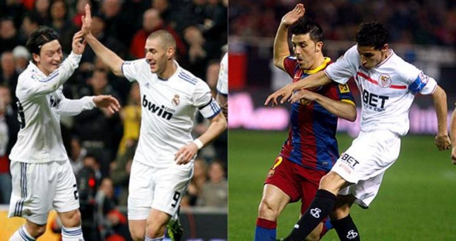 Benzema celebra un gol con su compañero Özil y Navas roba el balón al azulgrana Villa.