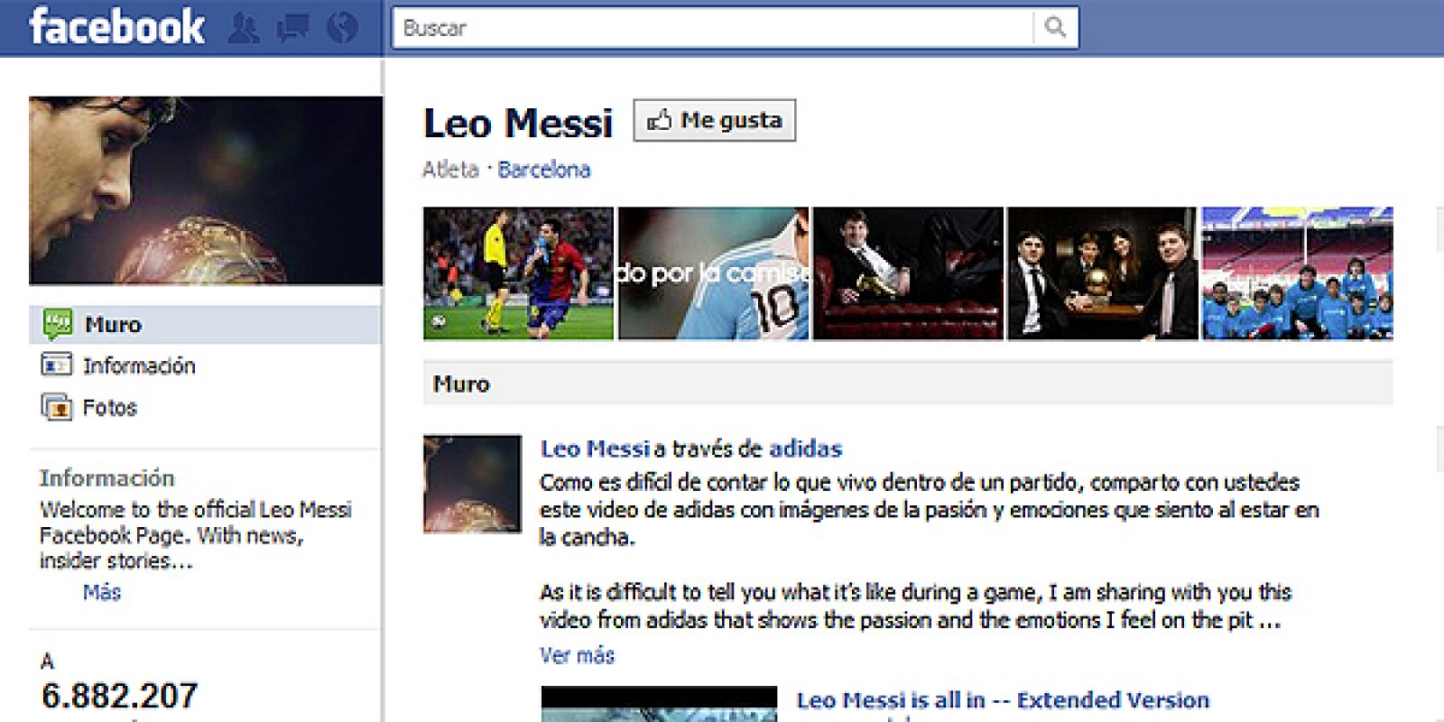 Pantallazo de la recién estrenada página de Messi en Facebook.