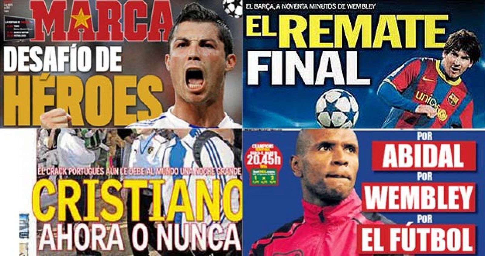 Portadas de los diarios deportivos editados en Madrid y Barcelona ante el 'clásico' de la vuelta de semifinales de la Champions.