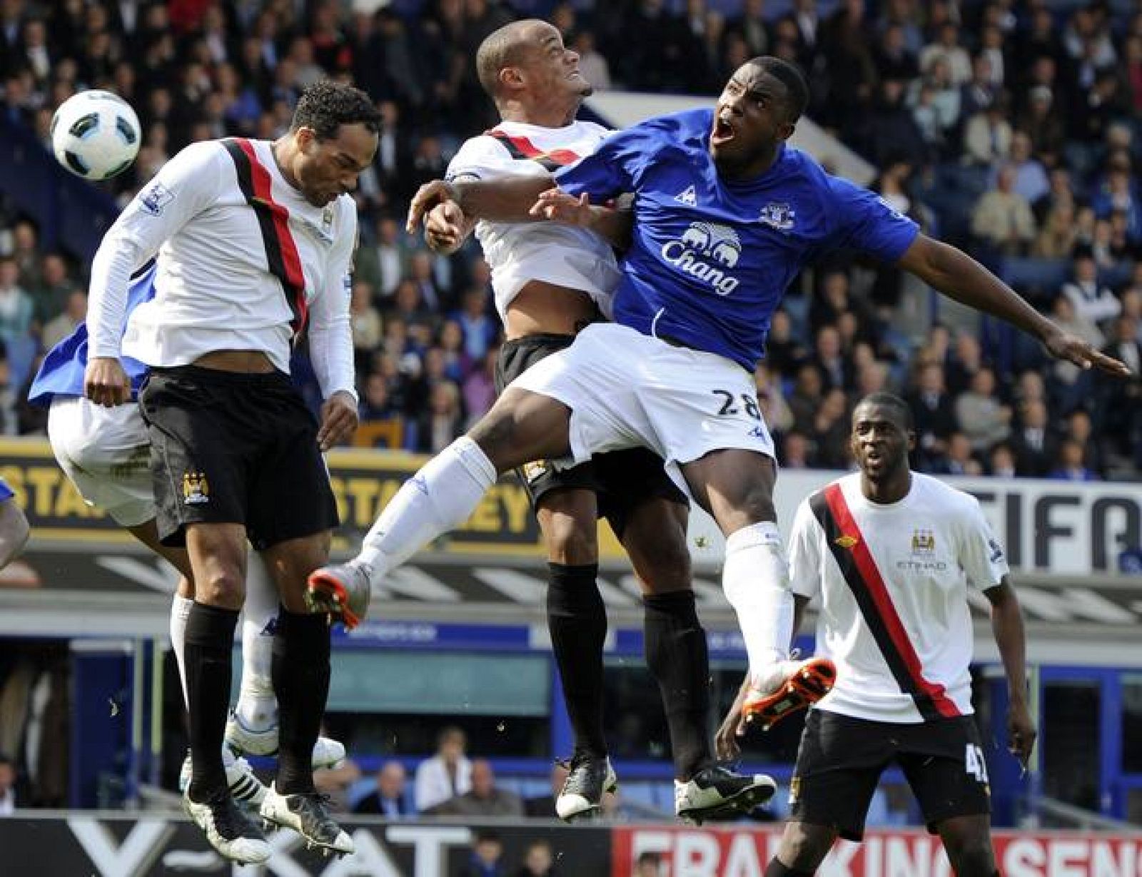 Everton's Anichebe heads at goal during their English Premier League soccer match against Manchester City in Liverpool