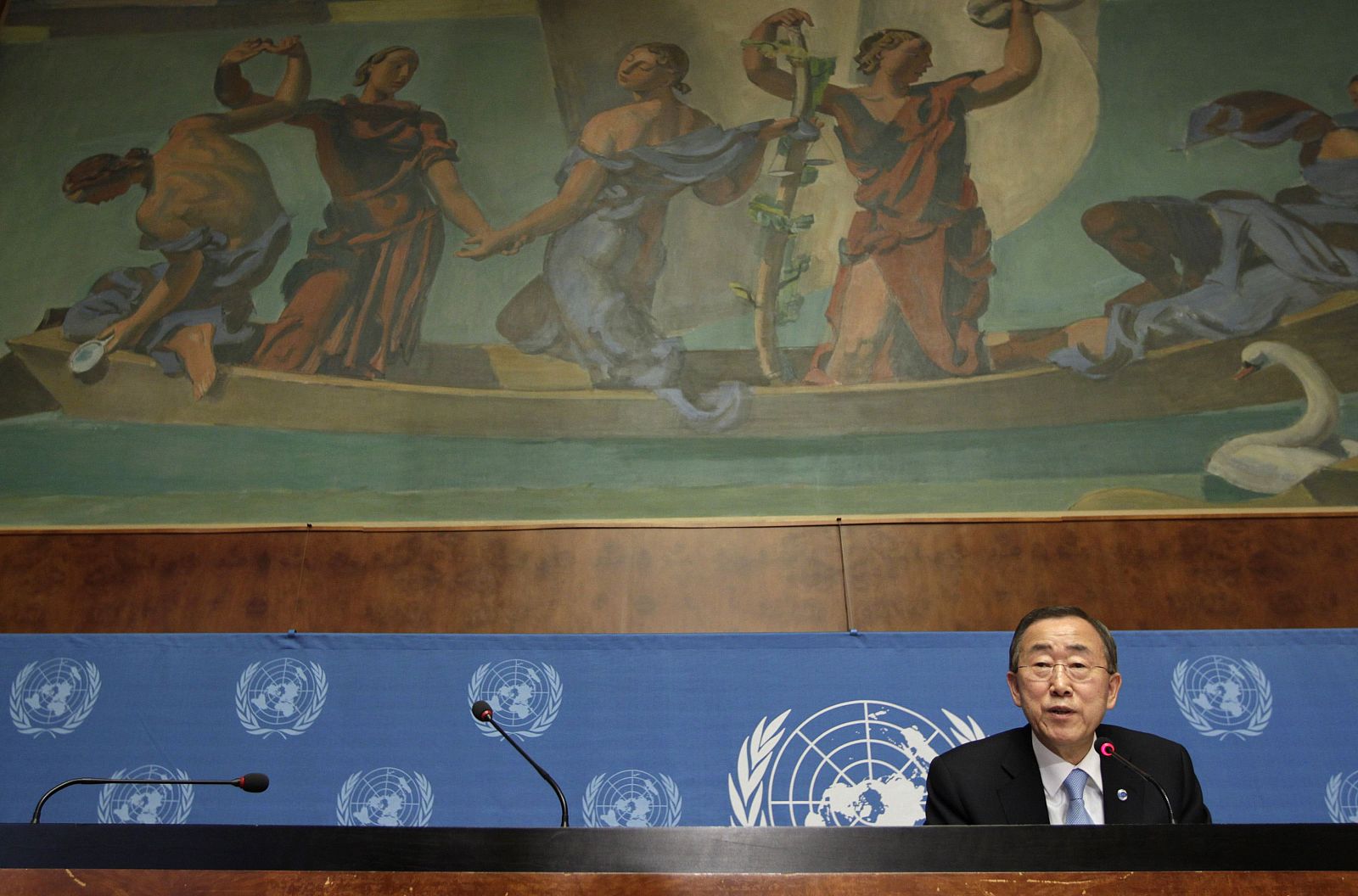 El secretario general de la ONU, Ban Ki-moon, durante la rueda de prensa en Ginebra.