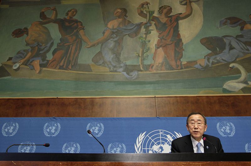 El secretario general de la ONU, Ban Ki-moon, durante la rueda de prensa en Ginebra.