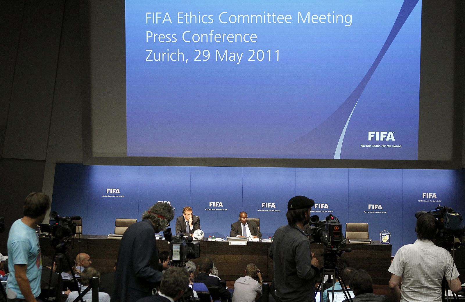 FIFA Secretary General Valcke and Damaseb of Namibia, deputy charman of the FIFA ethics committee address a news conference after a hearing at the FIFA headquarters in Zurich