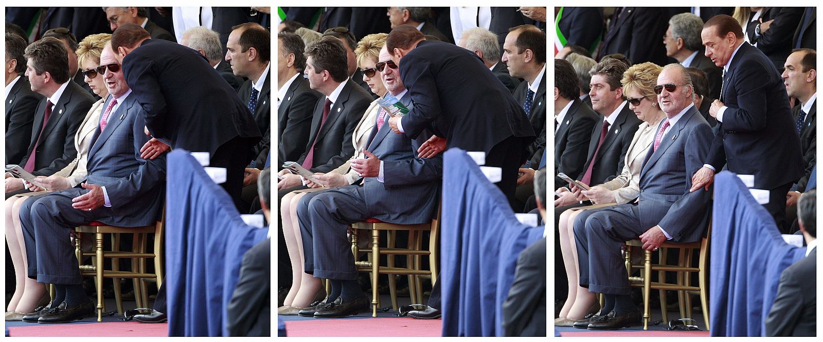 "Combo" de fotografías que muestran al rey Juan Carlos hablando con el primer ministro italiano, Silvio Berlusconi