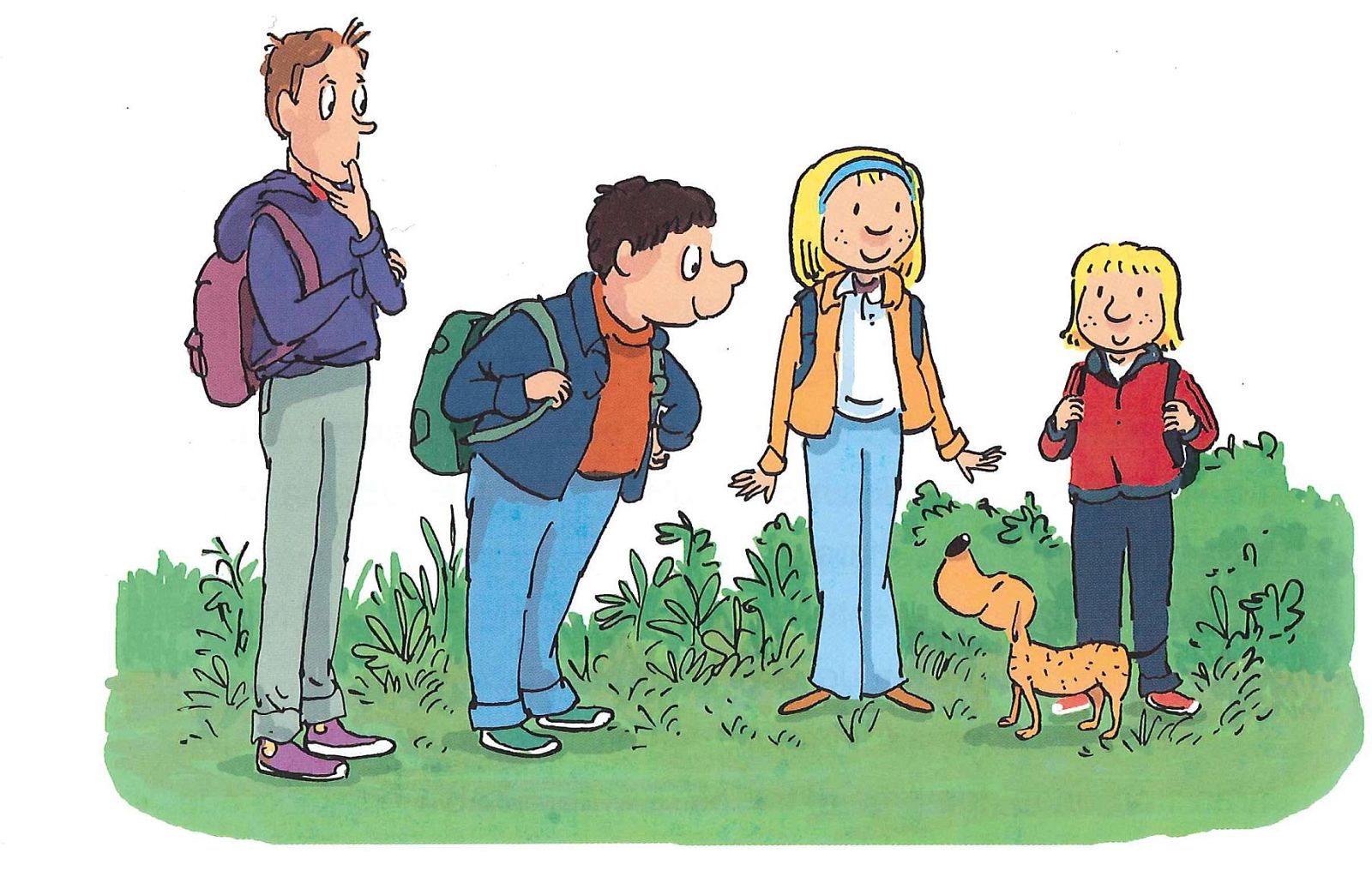 Los protagonistas: Estefi, Rabanito, Charly, Fede y su perro Precioso