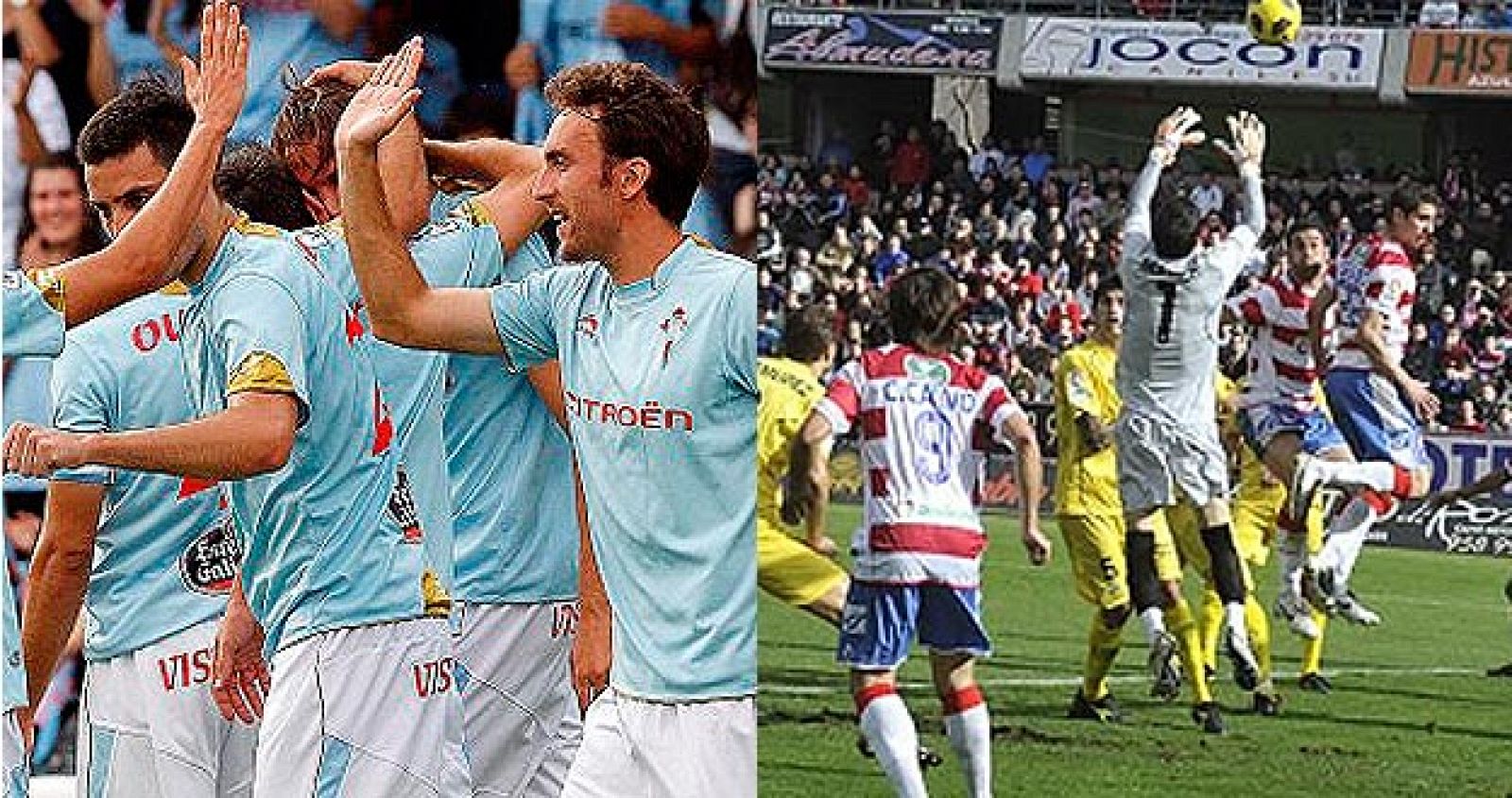 Jugadores del Celta de Vigo y del Granada durante un partido de la temporada 2010- 2011 en Segunda división.