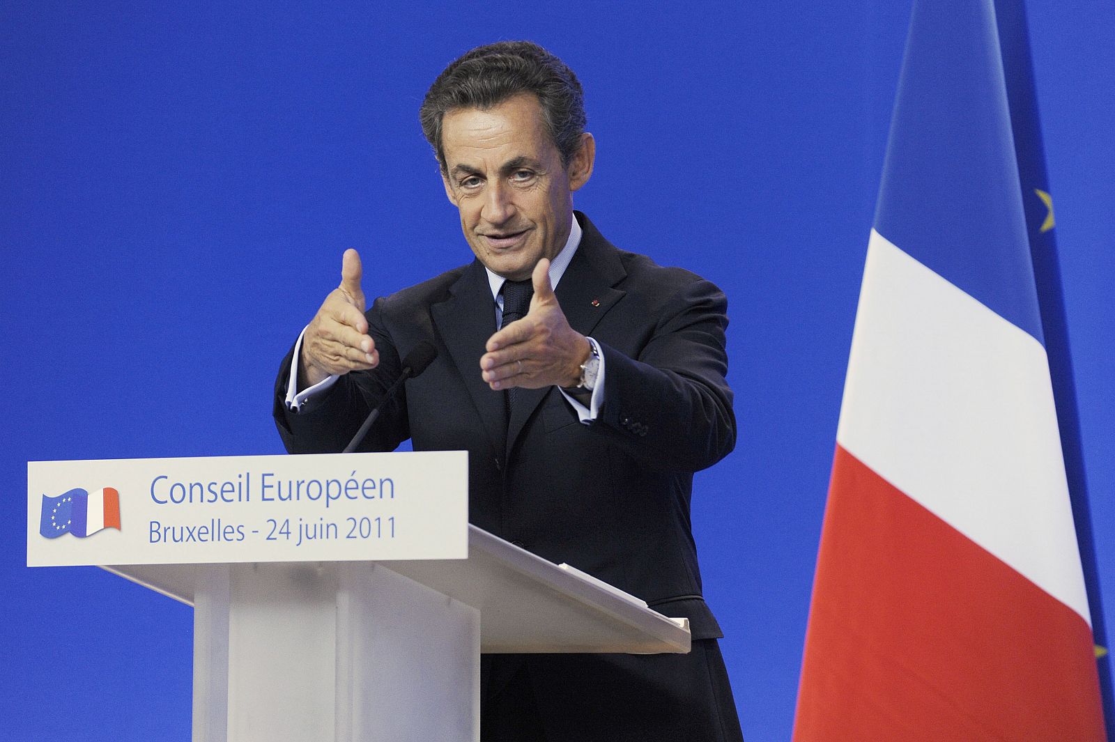 Nicolas Sarkozy, durante la rueda de prensa de hoy al finalizar la cumbre de la UE