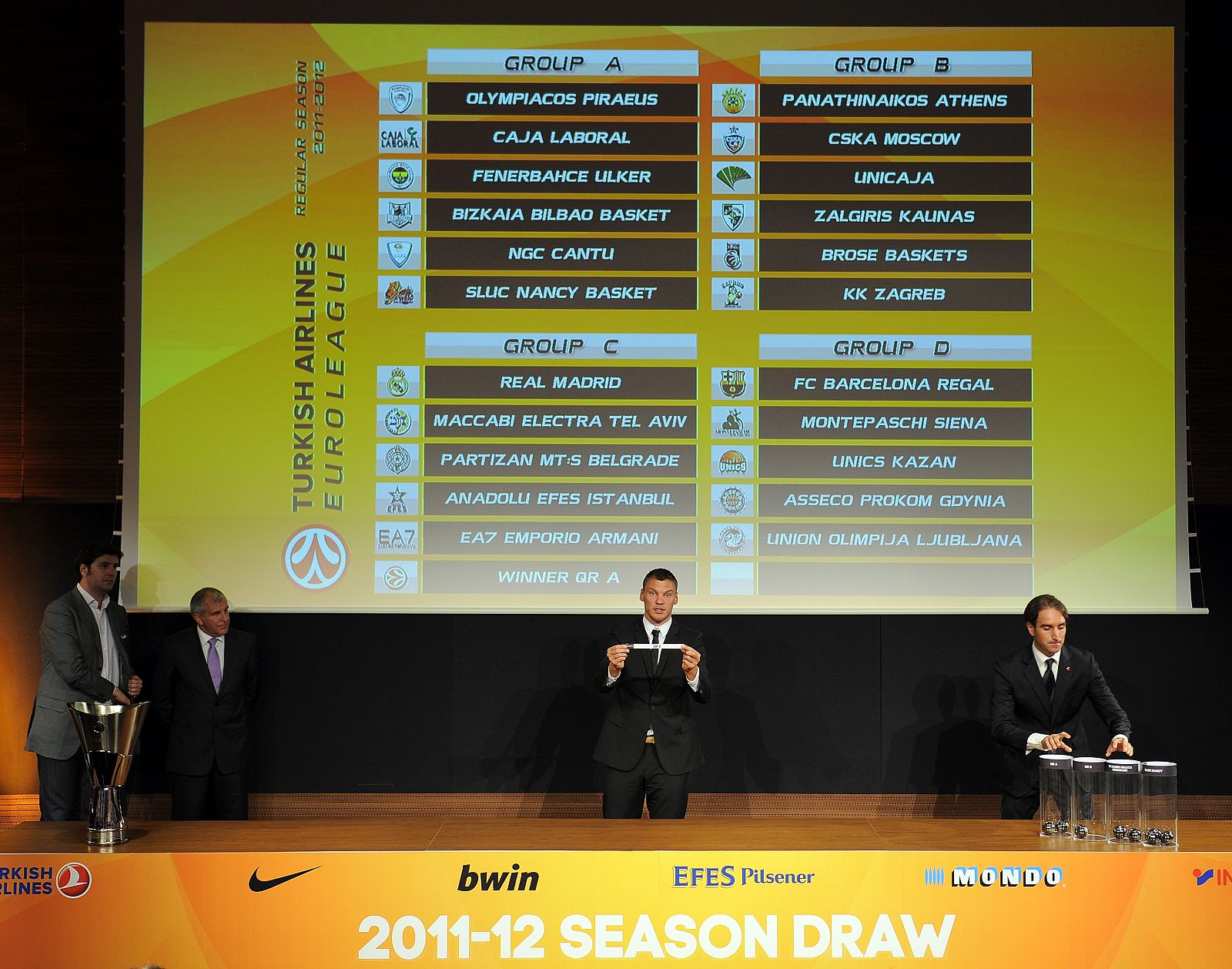 Bodiroga, Obradovic y Jasikevicius, en el sorteo de la Euroliga 2011-2012.